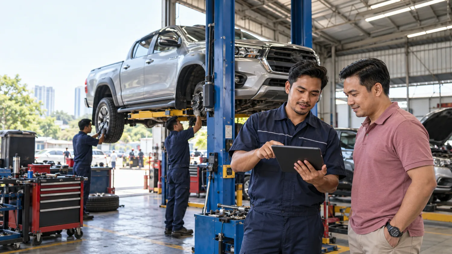 A foreman discussing vehicle repairs with a customer while mechanics work in the garage